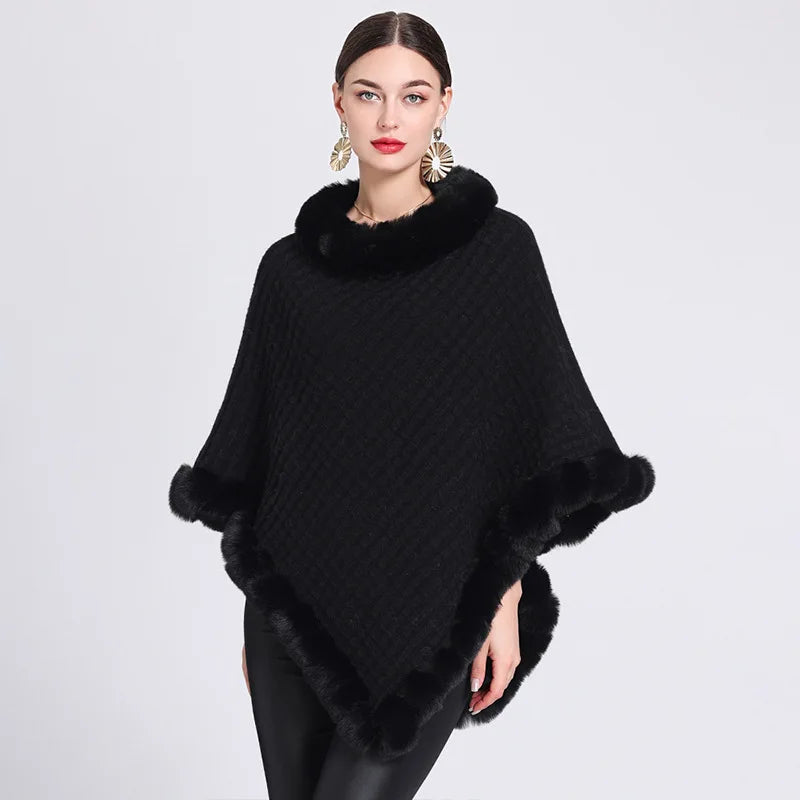 Fashion Plaid Striped Faux Fur Pullover Women Autumn Winter Knit Poncho