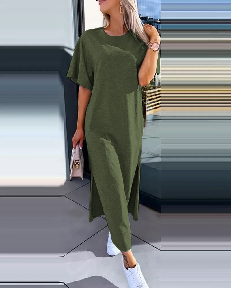 Simple O Neck Short Sleeve Solid Dress For Women Summer Casual Loose Split Long Dress. S-2xL