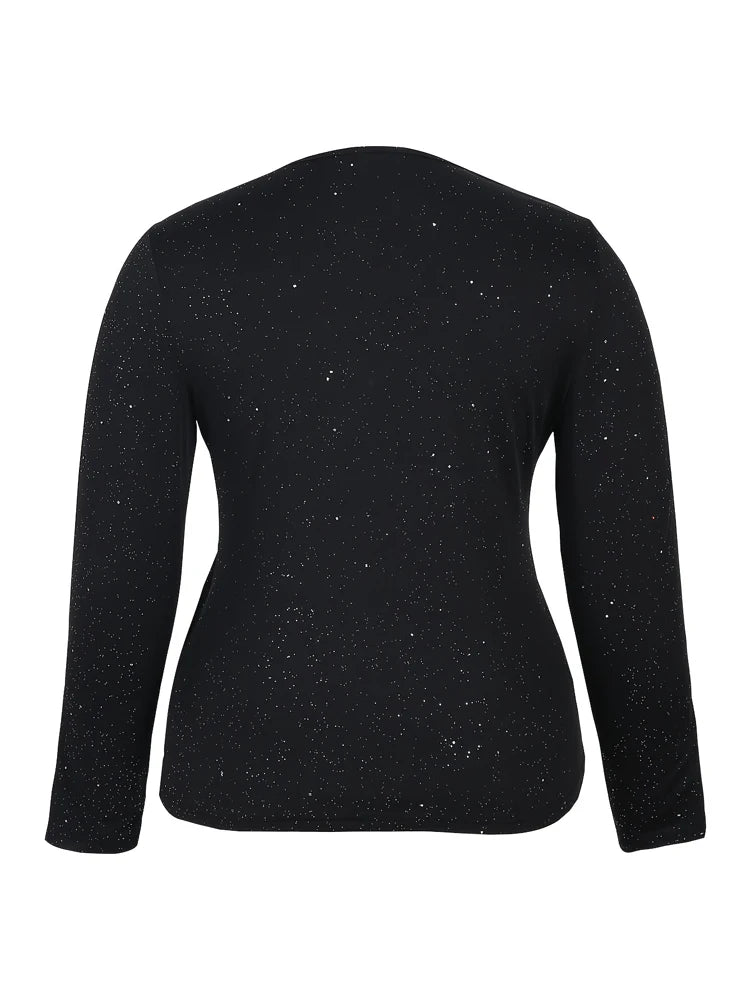 Plus Size Womens Glitter Criss Cross Deep V Neck Long Sleeve Shirt Party Top Sequins Airy Elegant Top
