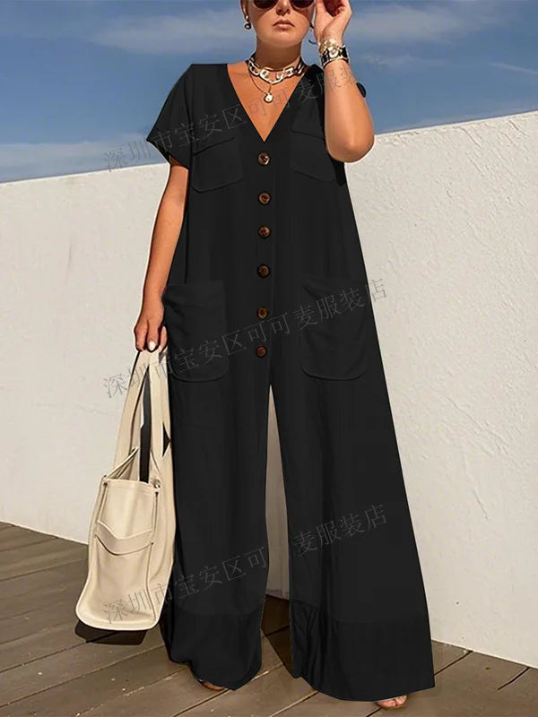 New Summer V-neck Single-breasted Women's Jumpsuits Fashion Pocket Elegant Rompers Casual Loose Oversized Women Jumpsuit. S-2X