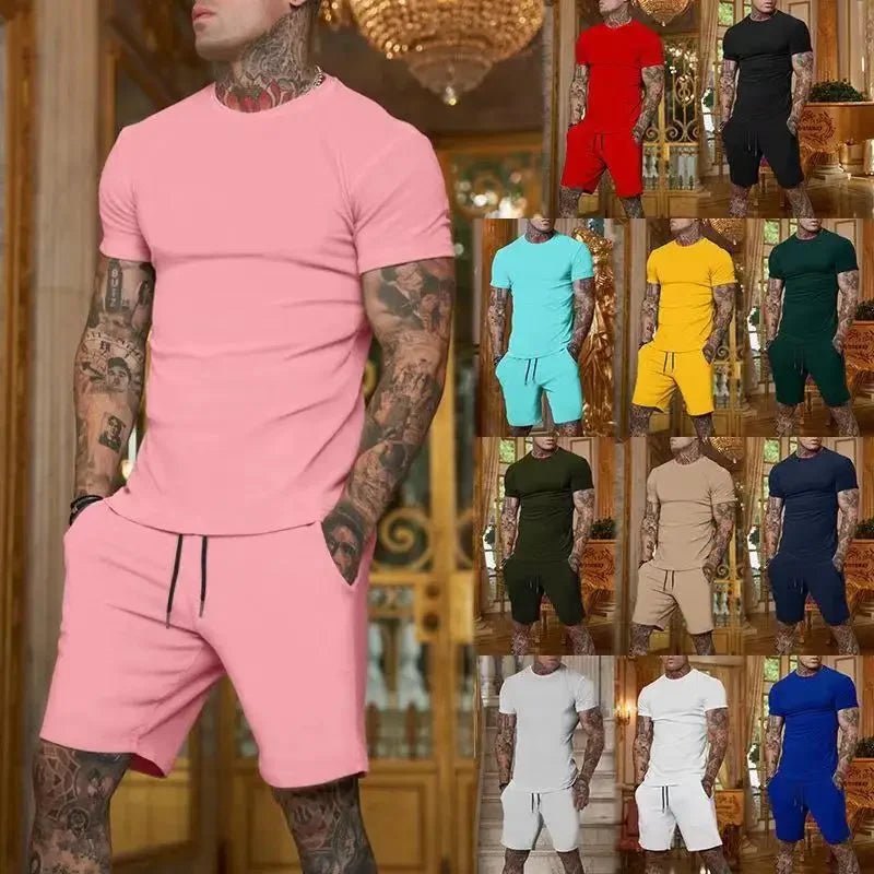 Fashionable and casual summer men's breathable T-shirt and short two-piece set. Sz: S-3X