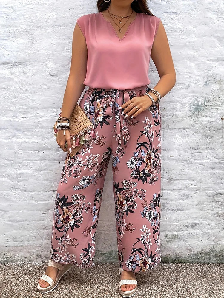 Plus Size Pants Set Woman Casual V-Neck Sleeveless Top Floral Print Tie Front Elastic Waist Trousers.
