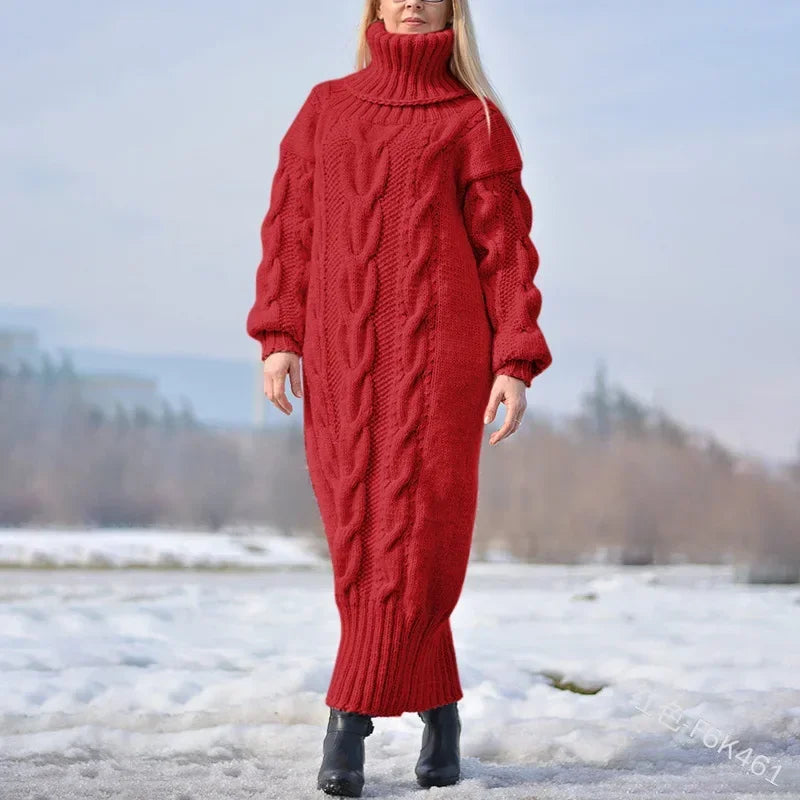 2025 Autumn Winter Solid Colour Turtleneck Pullover Twisted Loose Knitted Sweater Long Sweater Dress for Women. S-5X