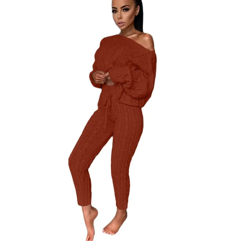 Ladies Comfy Two Piece Set Autumn and Winter Wear Pant Suit Solid Casual Knitted Sweater Set. S-3x