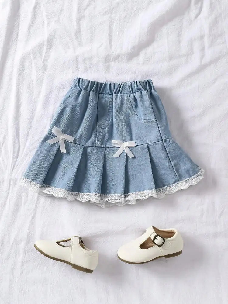 Baby Girl Denim Skirt Everyday Wear Sweet And Cute With Bow Lace Pleated Girl's Denim Skirt