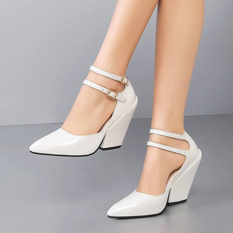 Red Pointed Sandals With Wedge Heel Leather High Heeled Elegant Shoe.