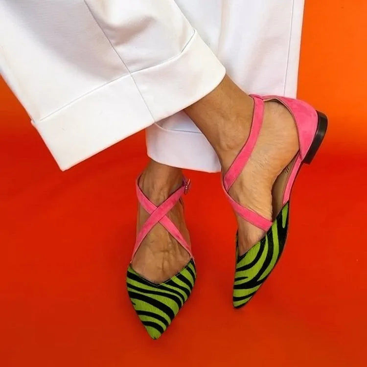 2025 Pointy Toe Flats Zebra Print Cross Ankle Straps Women Sandal