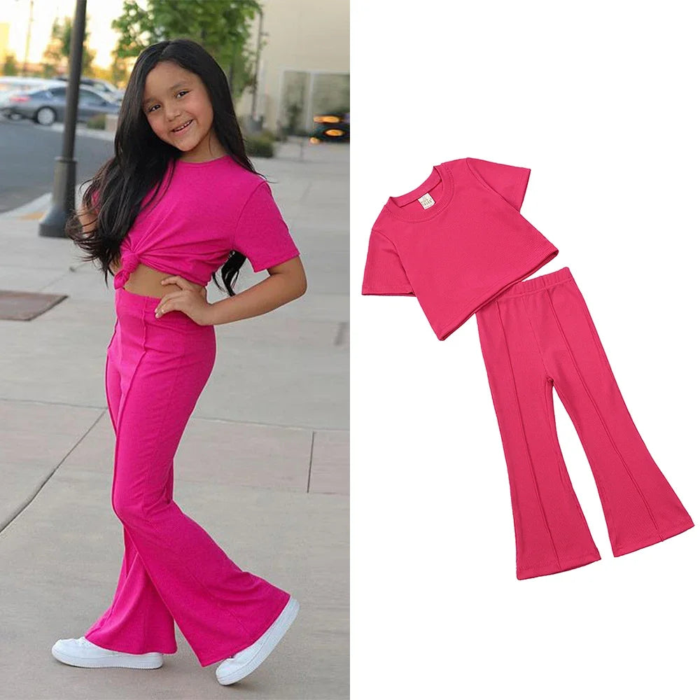 2025 Summer Girl Bell Bottom Outfits 2pcs Solid Cotton T-shirt Pants Suit For Children Teenage Girls Fashion Tracksuit Clothes