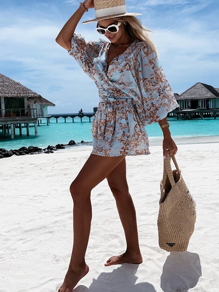 Sexy Deep V Neck Jumpsuit For Women Summer Casual Boho Outfit With Lantern Sleeve. S-2x