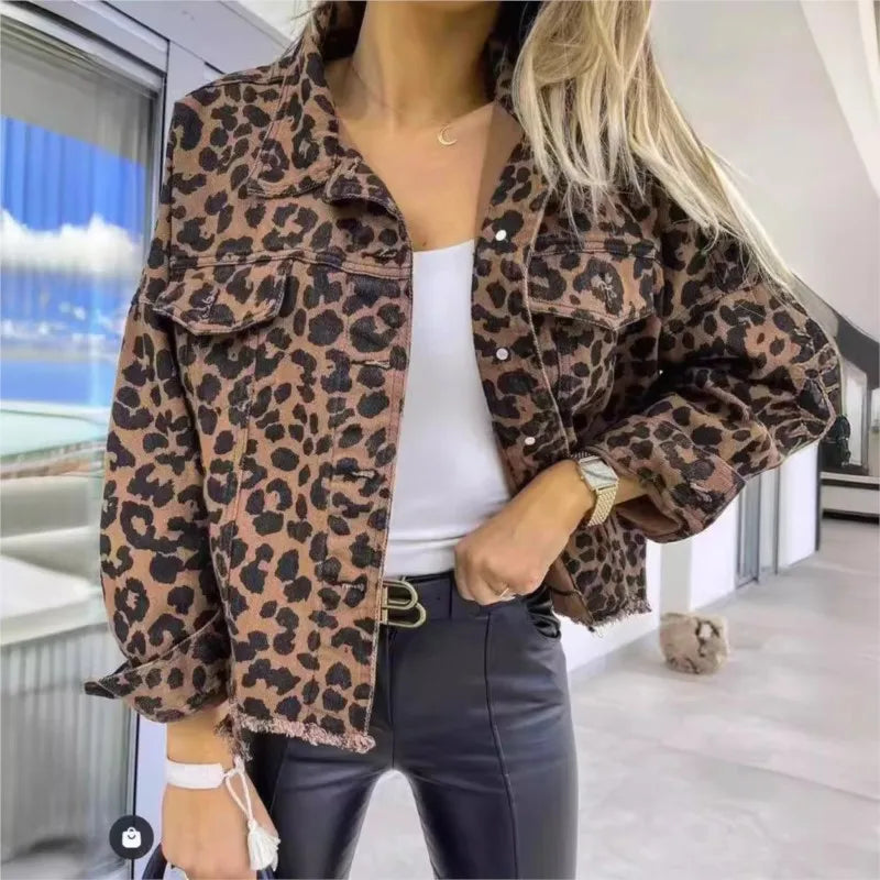 Leopard Denim Jacket For Women New Fashionable And Trendy Style Female Jacket . S-XL