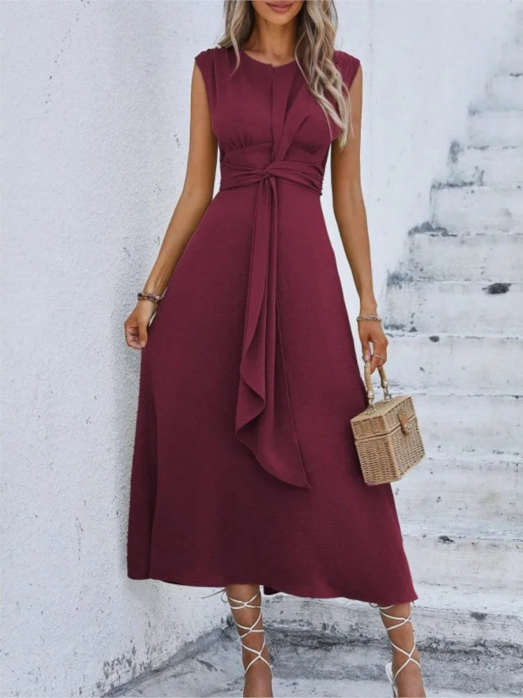 Women's Summer Solid Color Waistband Long Sleeveless Slim Elegant Dress 2025. S-2X