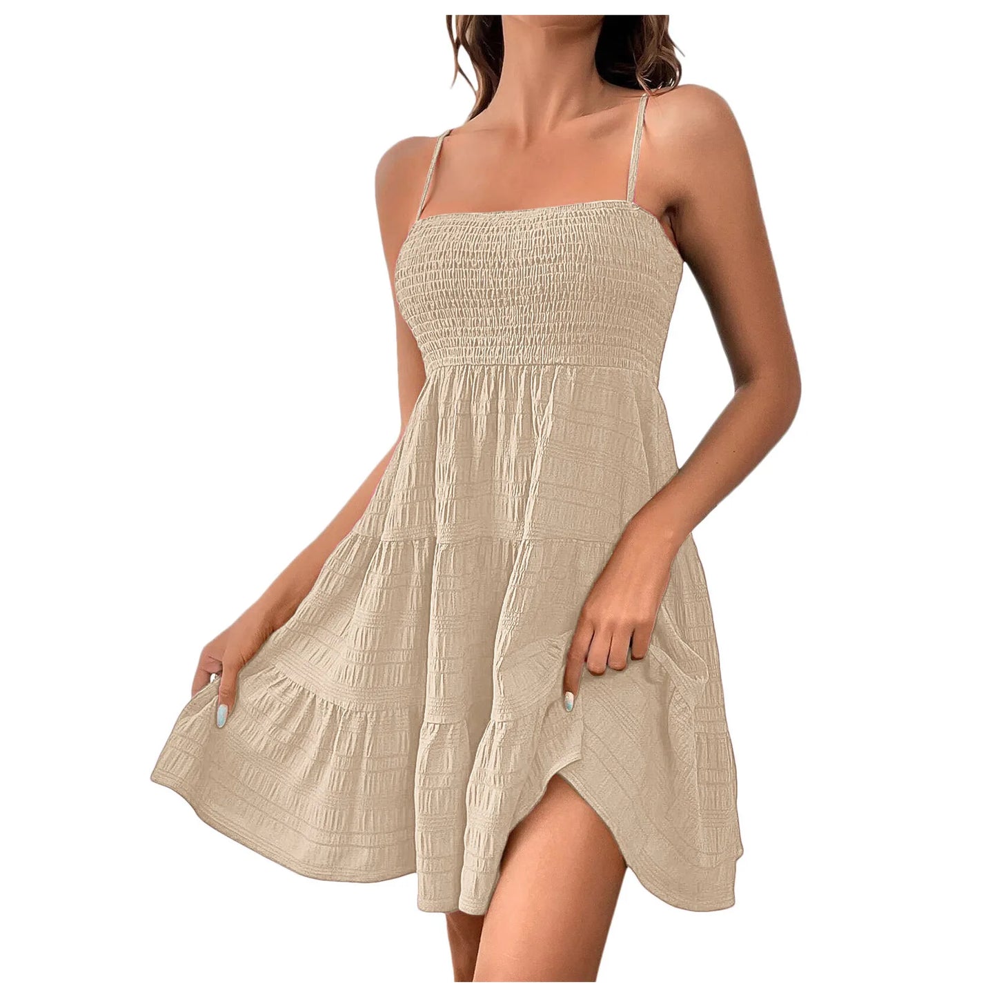 Boho Sundress Women Sexy Sleeveless Backless Swing Dress Solid Spaghetti Strap Dress. S-2X
