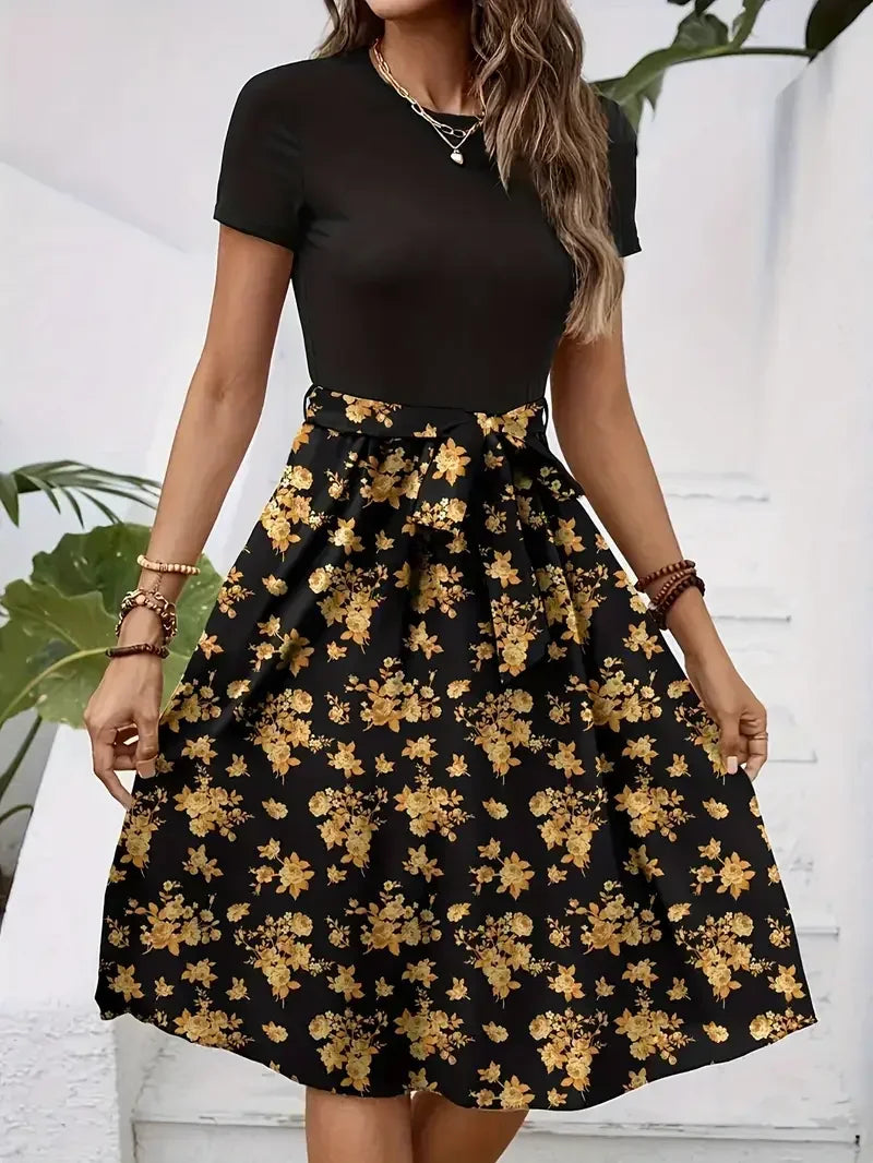 Plus Size 1XL-5XL Women's Dress with Belt Round Neck Short Sleeved Summer Elegant Floral Print A-Line Midi Dress.