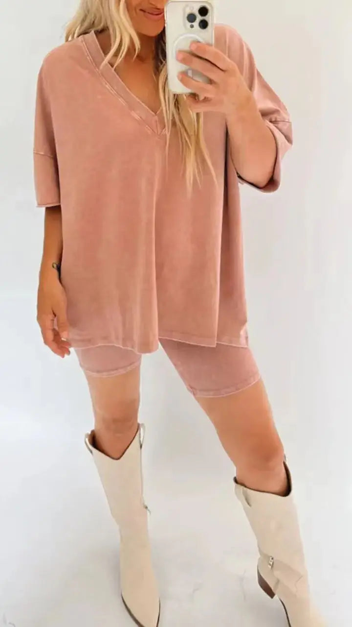 Women's Fashion Loose Solid Colour Casual V-neck Two piece Set. S-3X