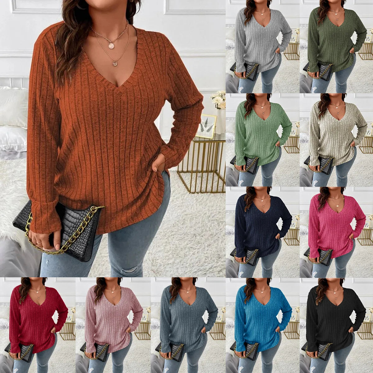 Plus Size Long Sleeve Casual Fashion V Neck Solid Colour Tops