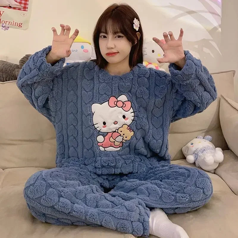 Hello Kittys Women's Coral Fleece Plush Pajamas Set Sanrioed Autumn Winter Pajamas Thickened Warm Home Clothes Loose Fitting. S-5X