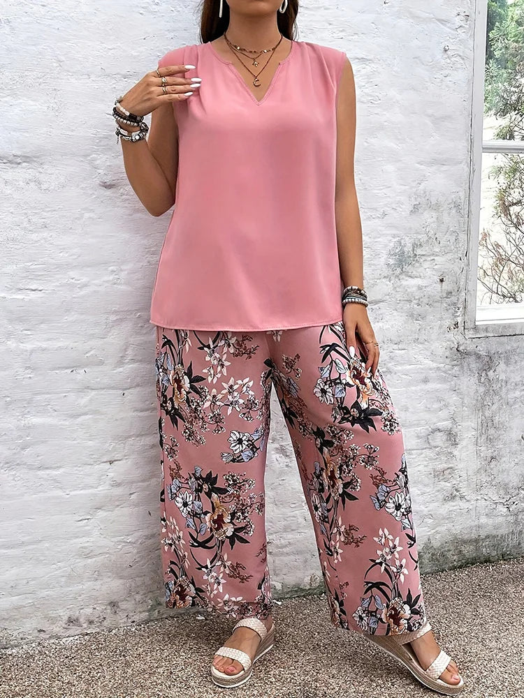 Plus Size Pants Set Woman Casual V-Neck Sleeveless Top Floral Print Tie Front Elastic Waist Trousers.