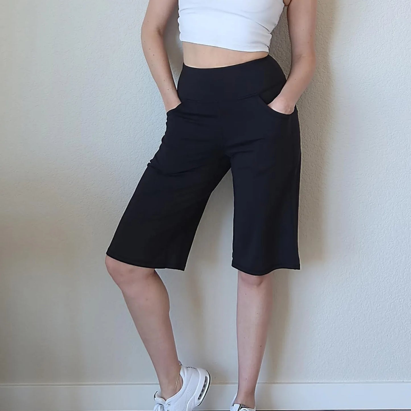 Women Elastic High Waist Casual Active Fit Wide Capri Leg Yoga Knee Length With Pockets. S-3x