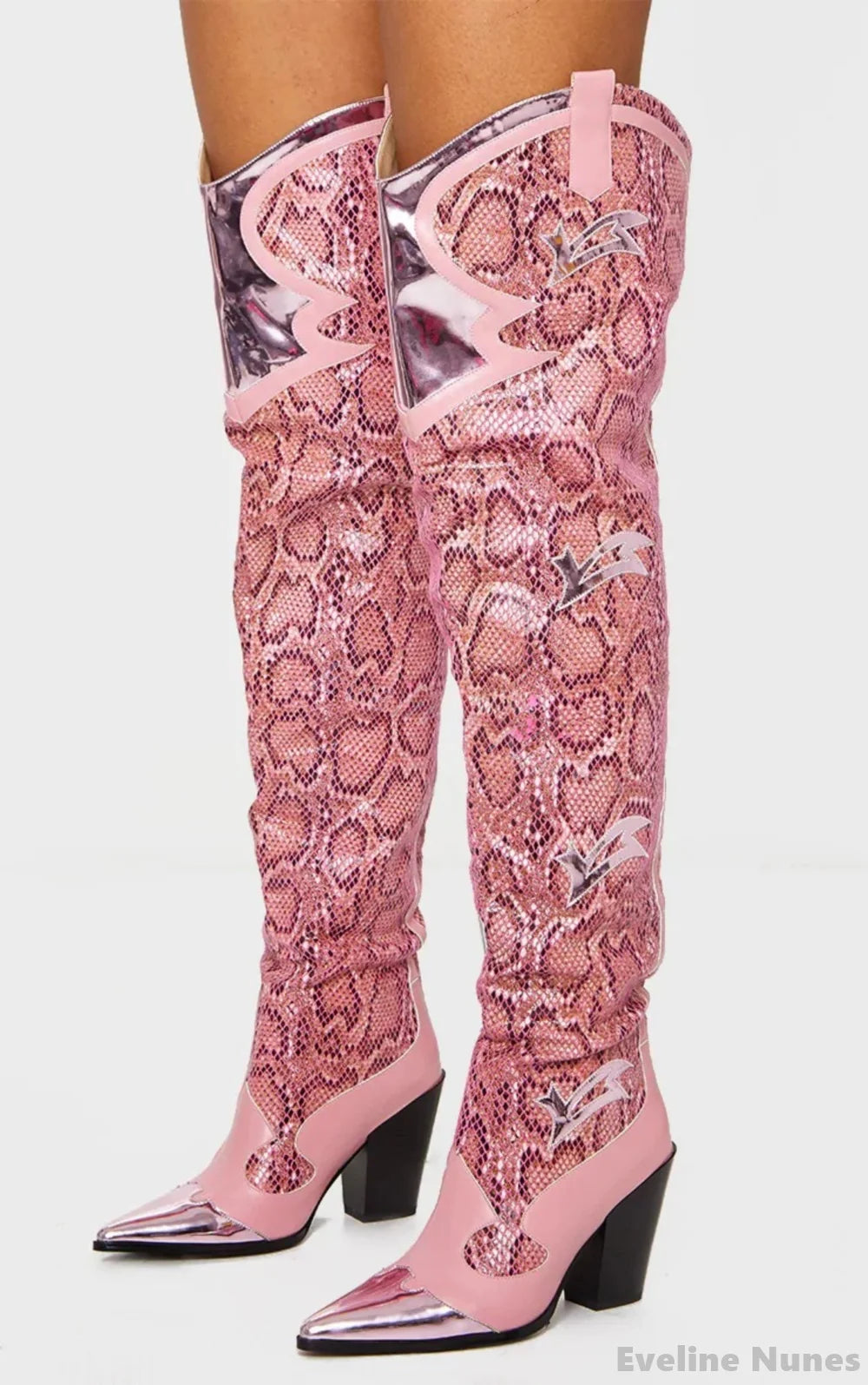 Sexy Pink Snake Print Over The Knee Boots Women Embroidered Pointed Toe Thick Heels Slip On Long Boots New Fashion Catwalk Boots