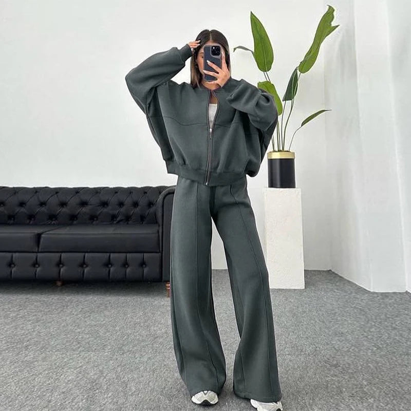 Casual Pants Set Women Spring Autumn Zip Up Jacket Loose Elastic Waist Trousers Suit.