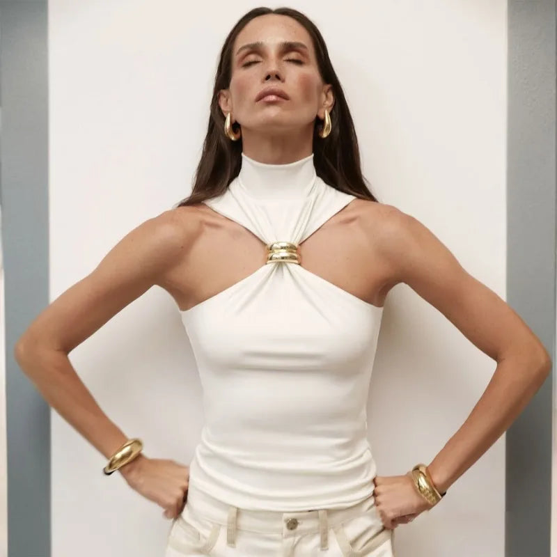 Fashion Metal Ring Tank Top Women 2025 Summer Y2k Solid Sleeveless Slim Party Elegant Top. S-XL