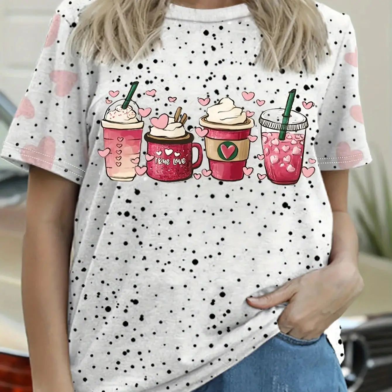 Plus size women's stylish coffee cup and love-printed graphic round neck women's T-shirt