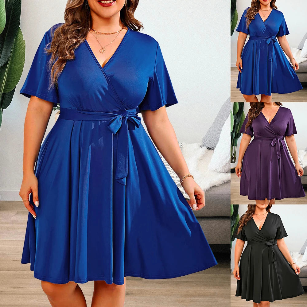 Women Summer Solid Short Sleeve V-Neck A-Line Dress Plus Size Elegant Dress