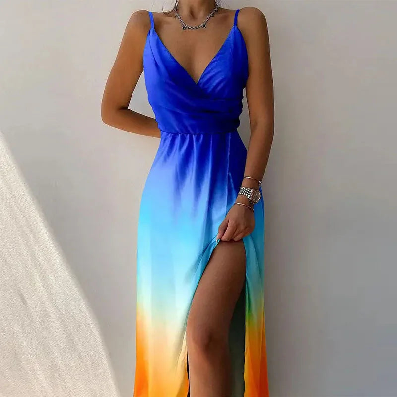 Ladies Summer Sexy Camisole V-neck Slit Dress Elegant Sleeveless Gradient Slim Fit Dress