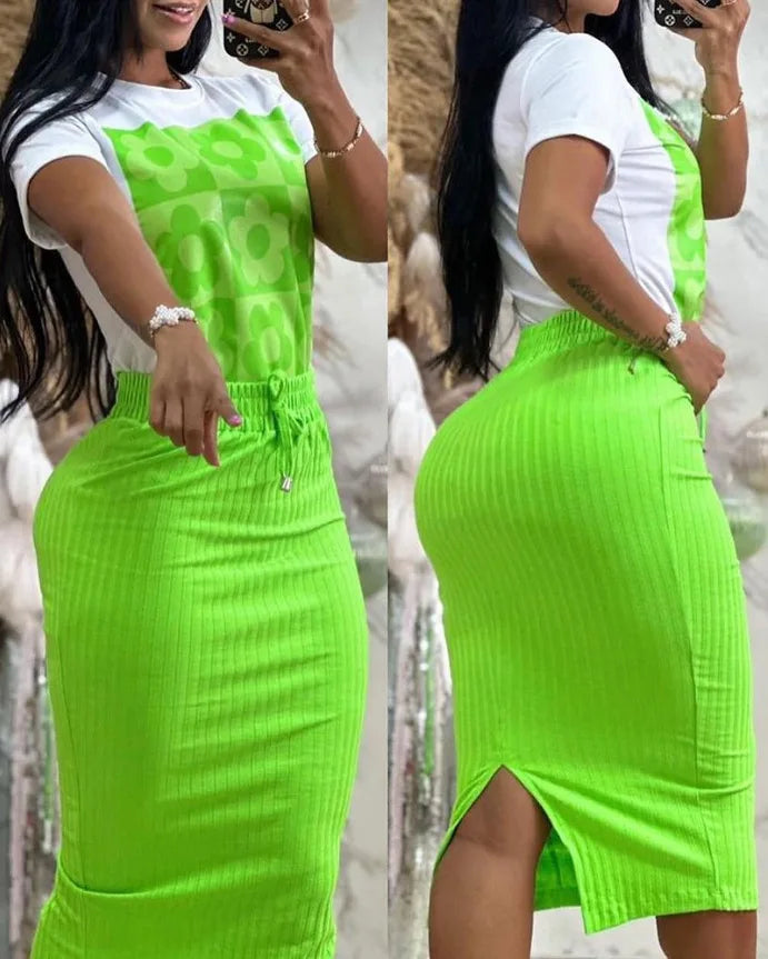 Ladies Casual Short Sleeve Two Piece Set Printed Top And Solid Skirt. S-2x