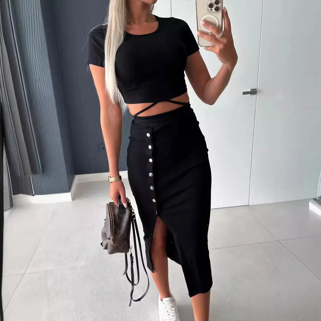 Women's Short Sleeve Shirt And High Waist Skirt Set 2 Pieces Set Fashionable And Stylish Casual Wear