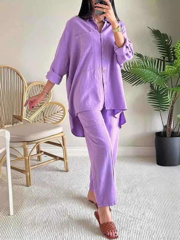 Women's Elegant Cotton Hemp Single Breasted Loose Fit Wide Leg Pants Two Piece Set. Sz: S-xxL