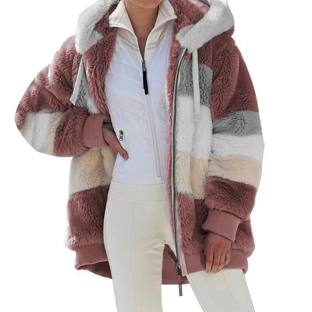 Fashionable Women's Hooded Zipper Spliced Thick Cashmere Plaid Jacket. Sz S-5XL