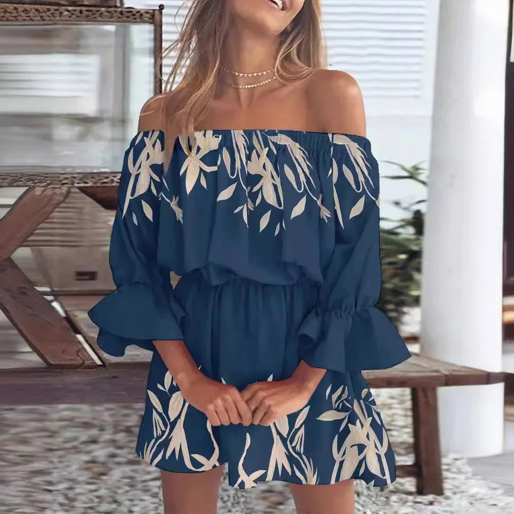Sexy Neck Long Flare Sleeve Floral Print Mini Summer Boho Style Dress. S-3x