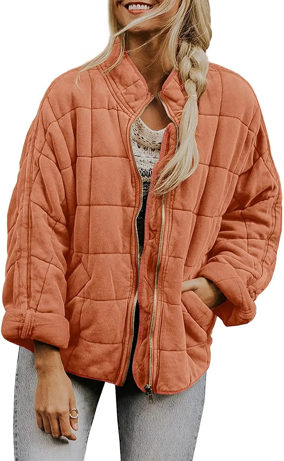 Solid Colour Stand-up Neck Cotton Jacket New Loose Pocket Long-sleeved. S-2X