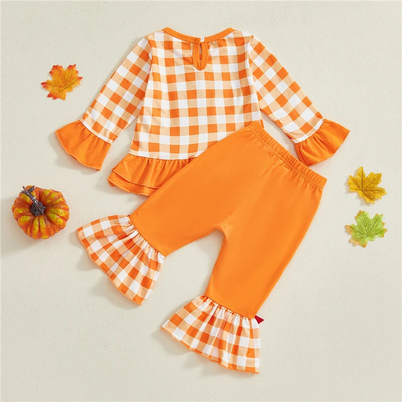 Toddler Girls Thanksgiving Clothes Sets Long Sleeve O Neck Turkey Embroidery Tops Flared Pants Sets Children Clothing