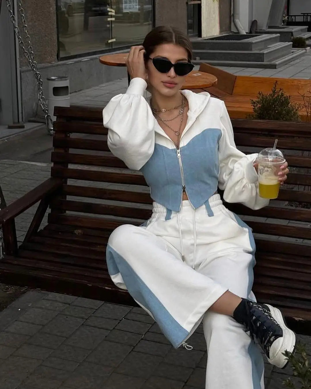 Denim Patchwork Top+pant 2 Piece Set Fashion Zipper Hoodie Wide Leg Casual suit.