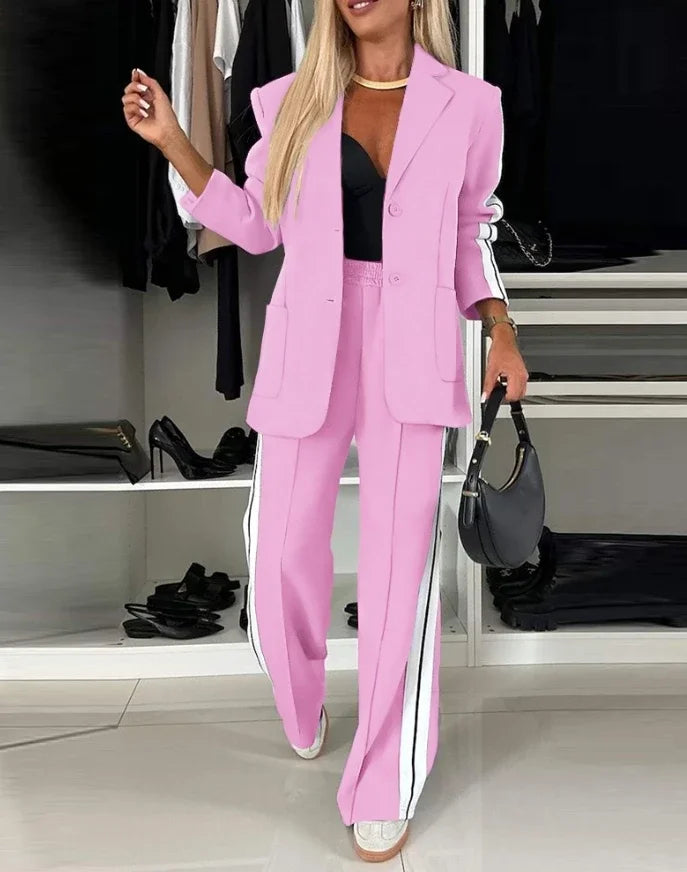 Women's Fashion Latest Striped Side Sporty Tape Notched Collar Front Button Blazer Wide-Leg Pants Set