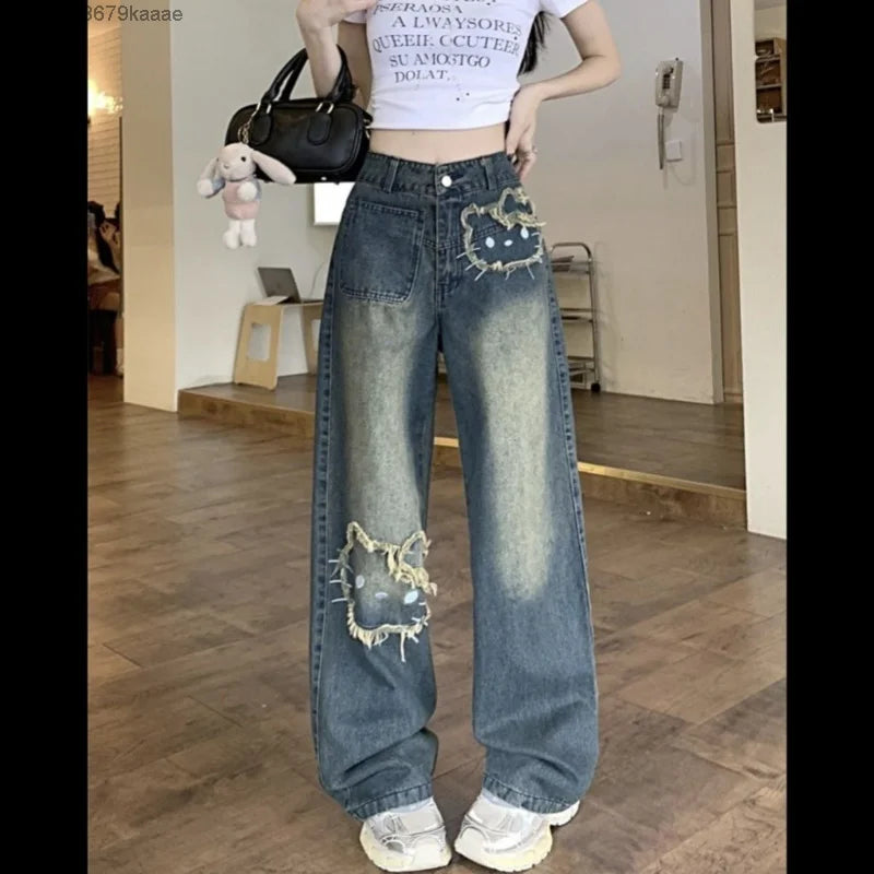 Ladies Hello Kitty Korean Version Street wear Jeans Vintage Blue Loose Cut. Sz S-2X