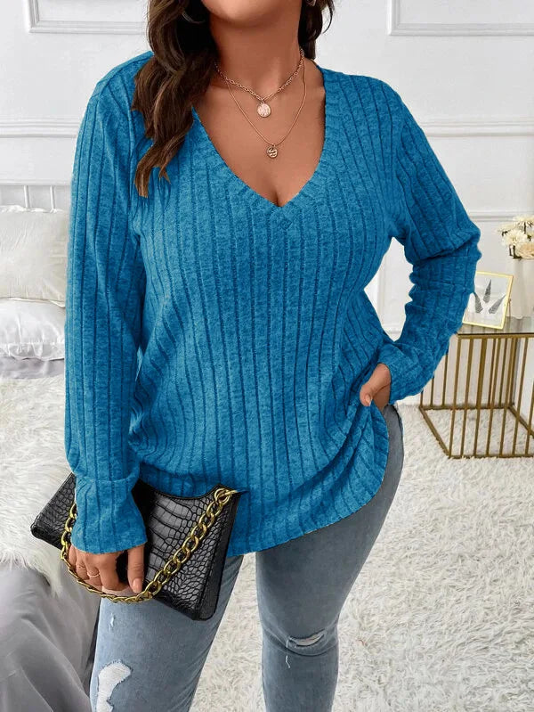 Plus Size Long Sleeve Casual Fashion V Neck Solid Colour Tops