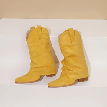 Suede 7cm Square Heel Pointed Pleated Mid Length Cowboy Boot Skirt Calf Boots 35-43
