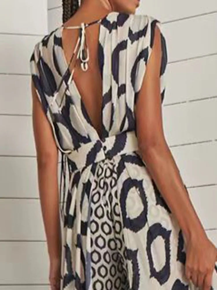 Boho Two-piece Women's Elegant Printed Sleeveless V-Neck Lace Loose Pants Suit