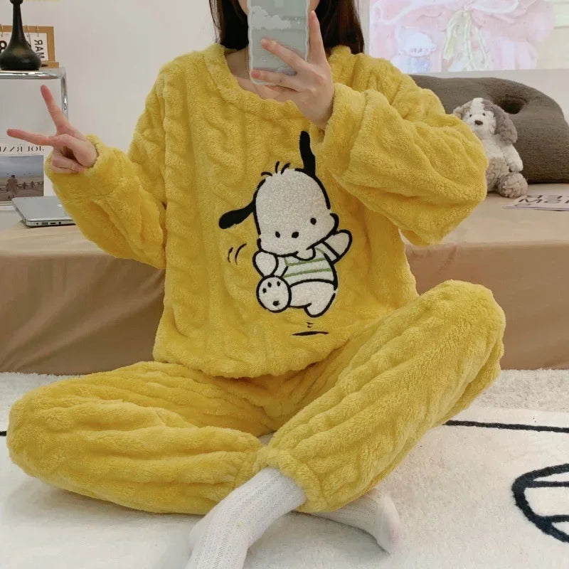 Hello Kittys Women's Coral Fleece Plush Pajamas Set Sanrioed Autumn Winter Pajamas Thickened Warm Home Clothes Loose Fitting. S-5X
