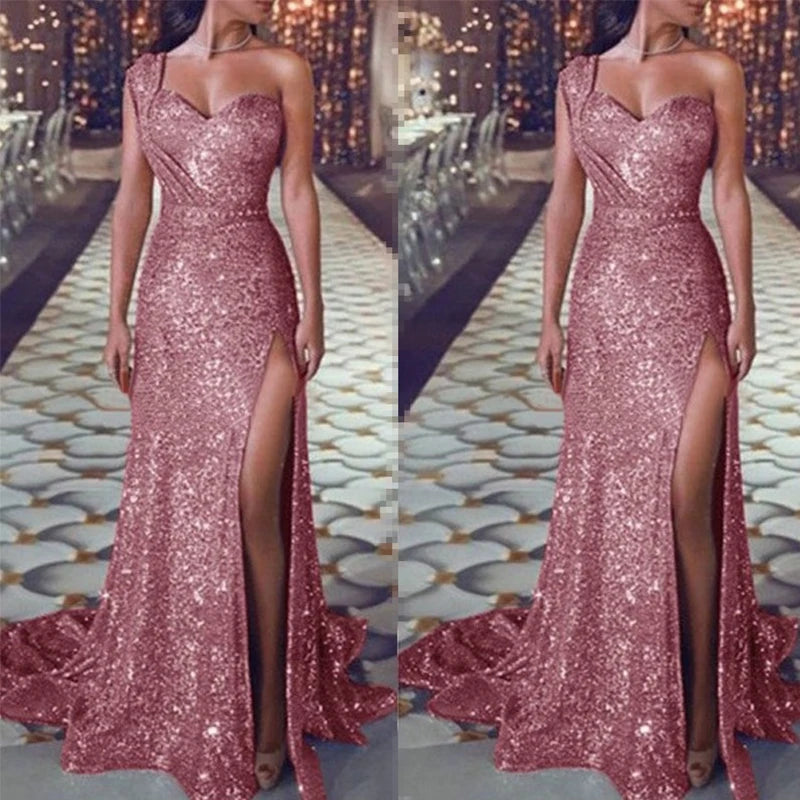 Women Sexy One Shoulder High Split Irregular Dress New Fashion Shiny Sequin Long Evening Lady Elegant Party Dress. S-3X