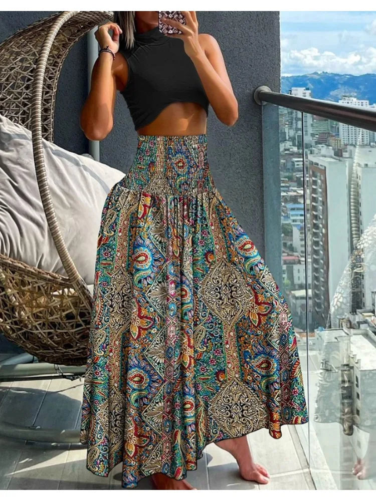 Women Fashion Floral Print Bohemian Elastic High Waist Skirt. S-2x