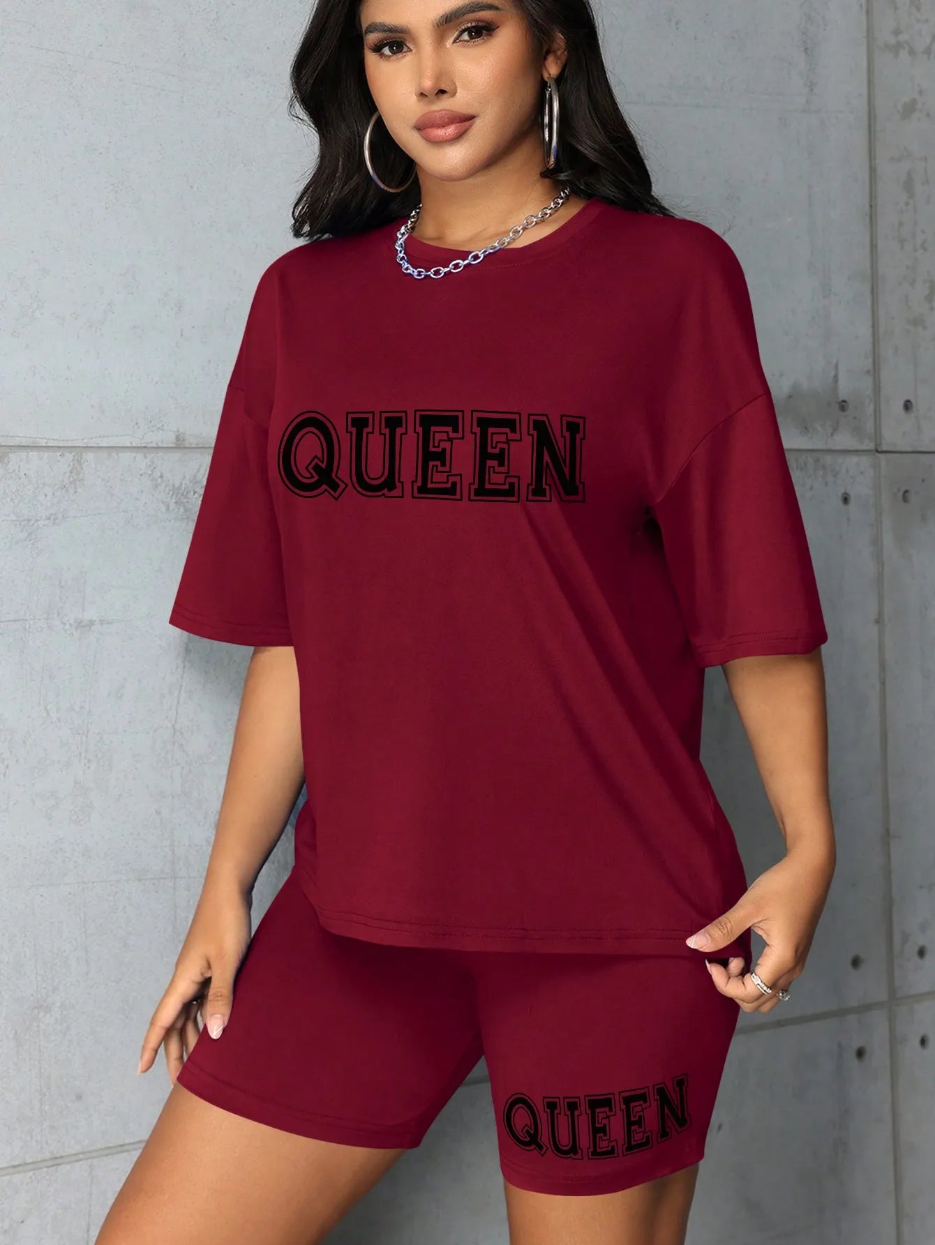 Plus size fashionable all-match shorts short-sleeved queen letter print simple and comfortable two-piece