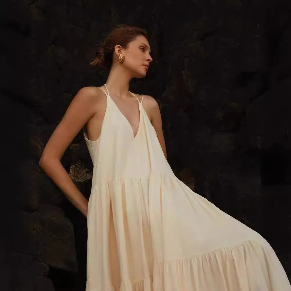 Summer Loose Dresses Casual Solid Pleat Irregular Long Spring Sexy Double V Neck Backless Hollow Dress. S-3X