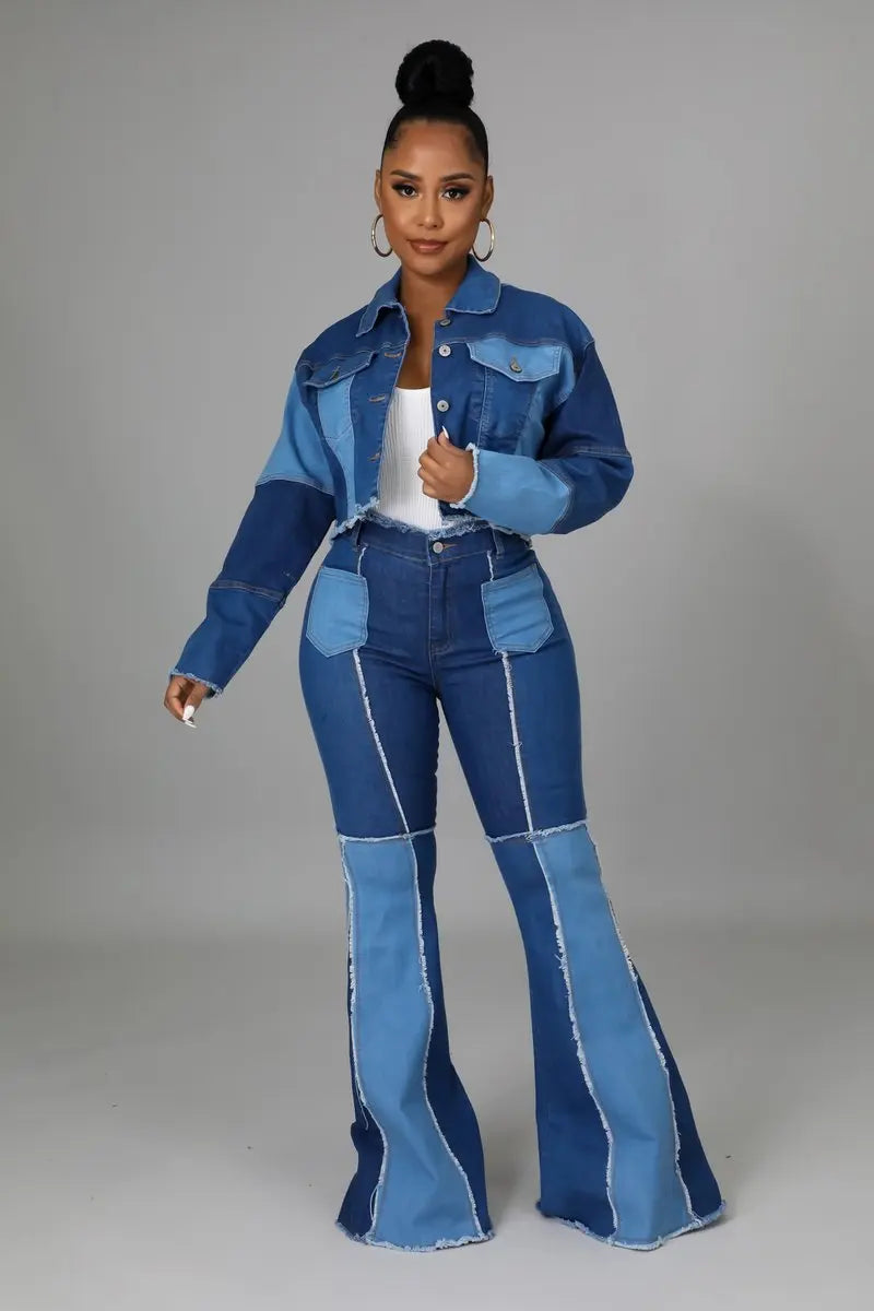 Women's Matching Set Denim Patchwork Vintage Short Jacket and Flare Pant Two Piece Set Outfit Autumn Casual Y2K Fashion Sets. S-5x