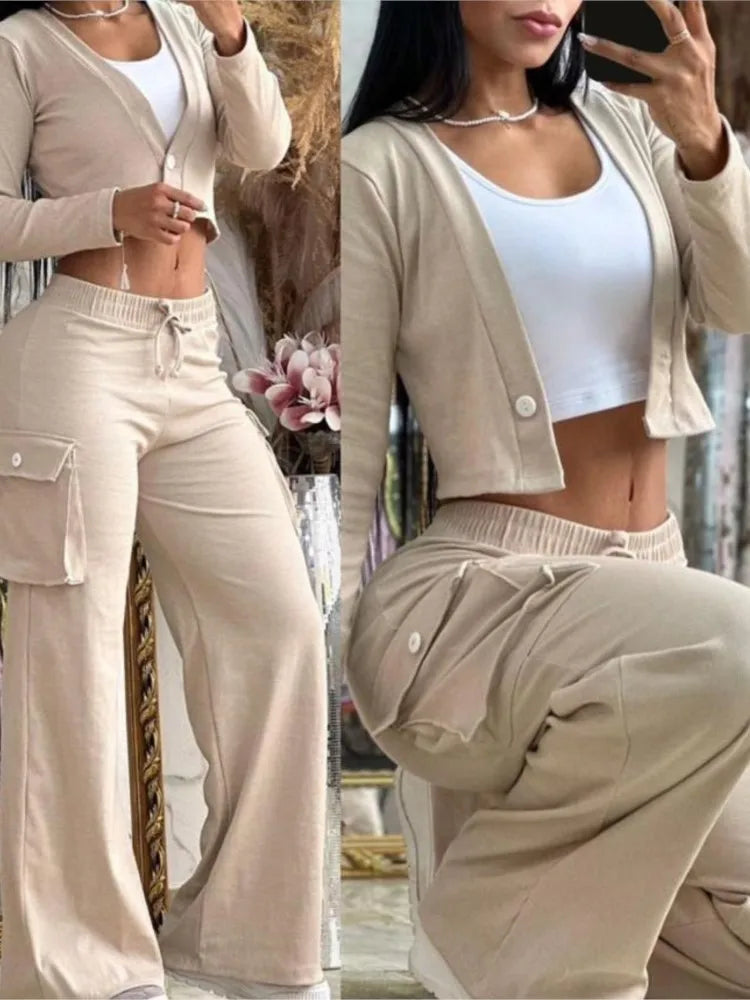 Women's New Fashionable Solid Colour Short Top Casual Pants Set For Women. S-2X