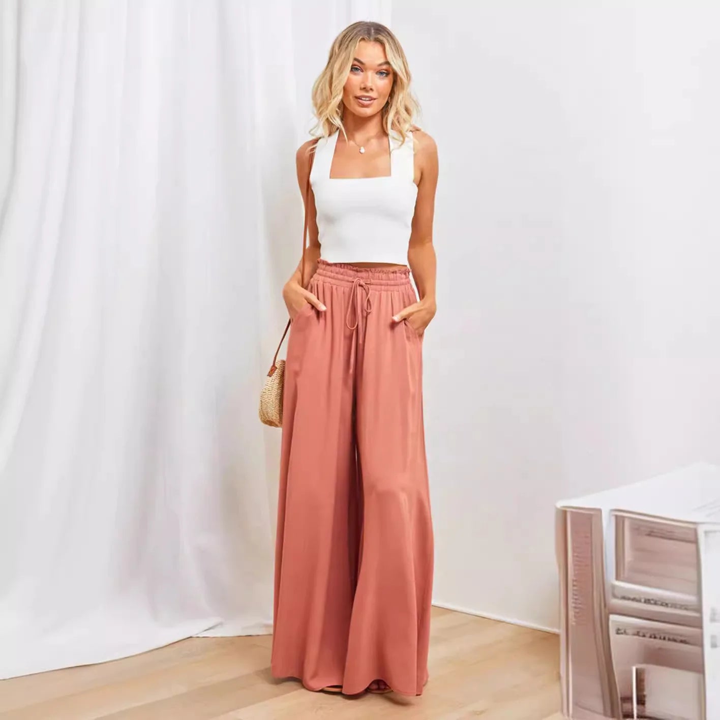 Spring and Summer New Women's Wide-leg Trousers Elastic Belt Wide-leg High-waist . S-2X