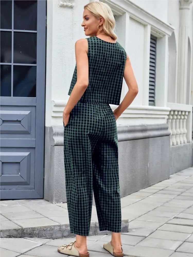 Women Pant Set Fashion Plaid Print Sleeveless Top Loose Pants Two Piece Casual Outfit. S-2X